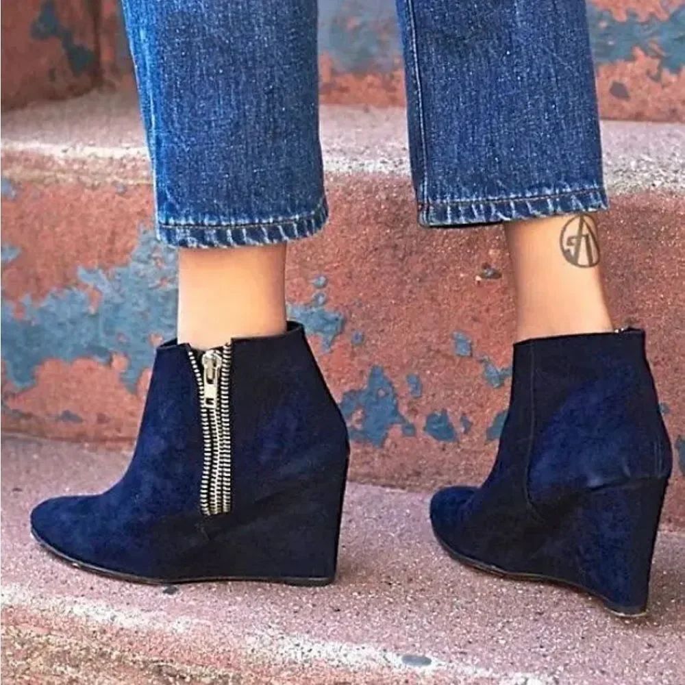 Navy Blue Free People Orlanda Distressed Suede Zip Wedge Ankle
